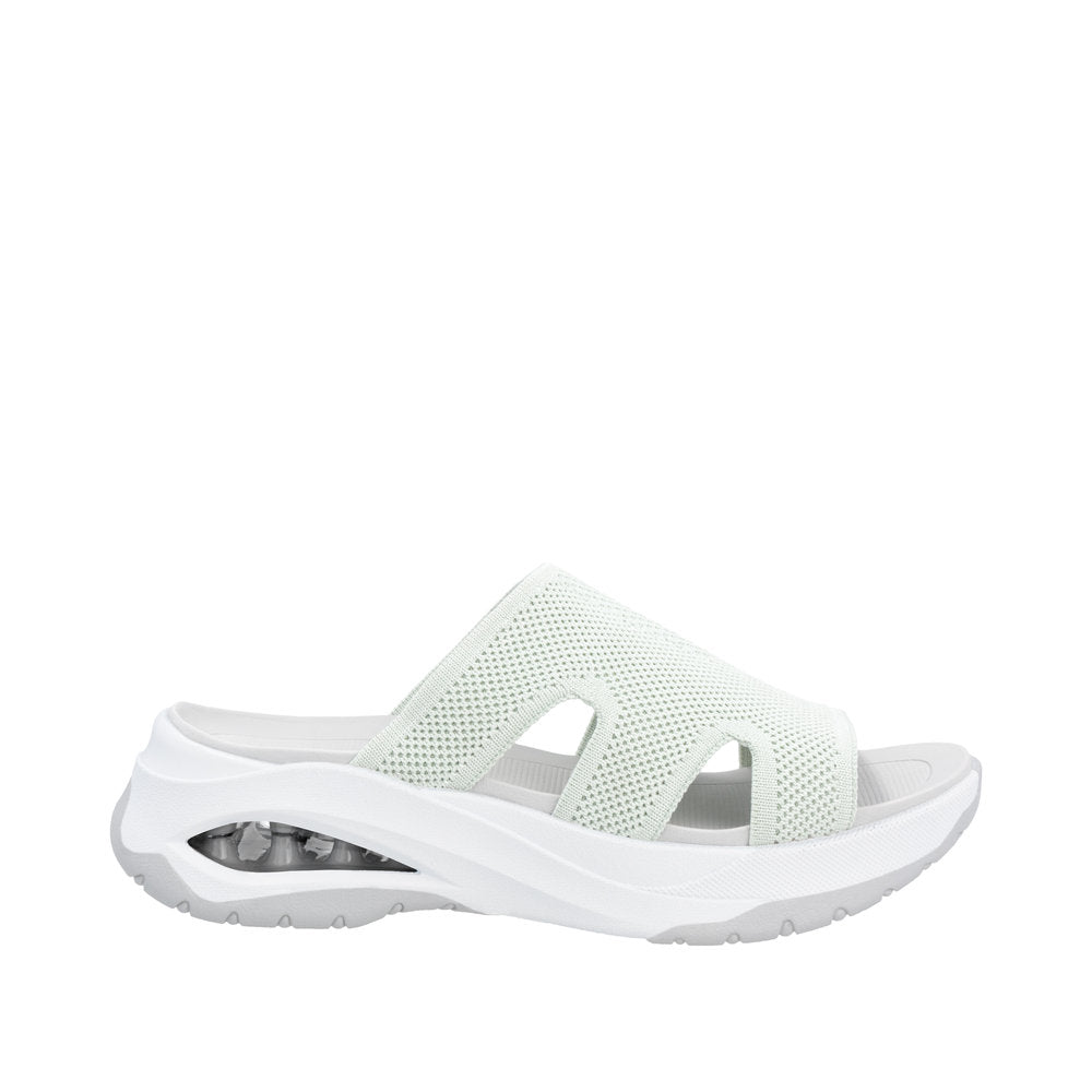 Rieker W3150-52 women's green textile vegan slip-on mule sandal with cushioned sole and transparent air cushion design.