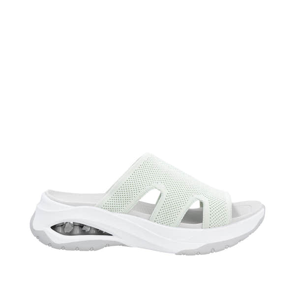 Rieker W3150-52 women's green textile vegan slip-on mule sandal with cushioned sole and transparent air cushion design.