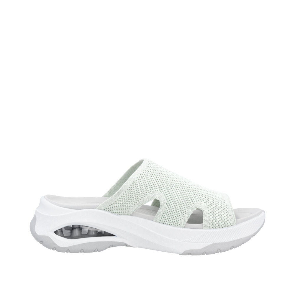 Rieker W3150-52 ladies green textile vegan slip-on mules with cushioned sole and open heel design.