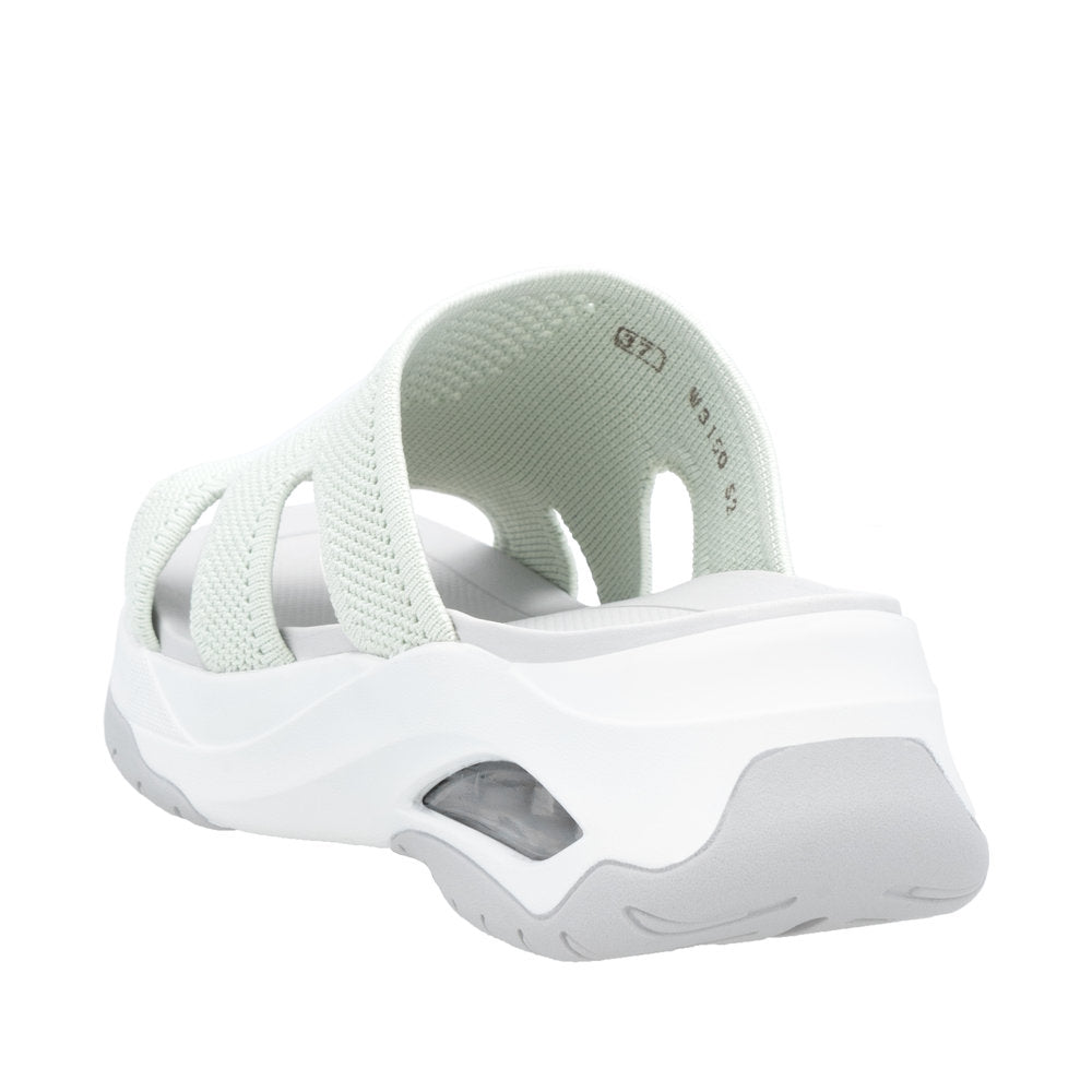 Rieker W3150-52 women's green textile vegan slip-on mule with sporty design and cushioned sole.