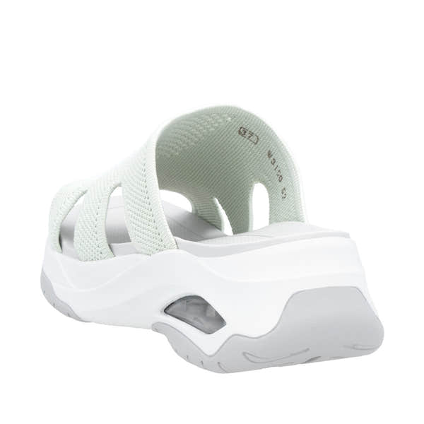 Rieker W3150-52 women's green textile vegan slip-on mule with sporty design and cushioned sole.