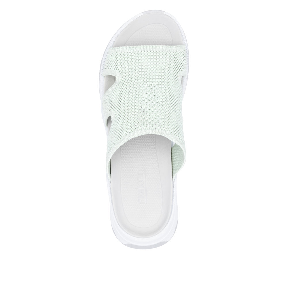 Rieker W3150-52 women's green vegan textile slip-on mule sandals with breathable mesh design.