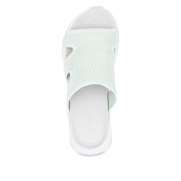 Rieker W3150-52 women's green vegan textile slip-on mule sandals with breathable mesh design.