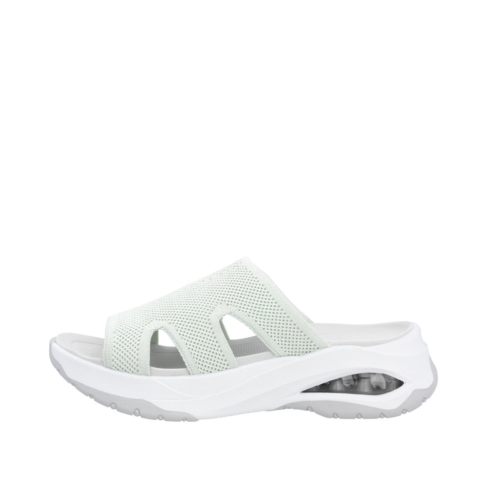 Rieker W3150-52 women's green vegan slip-on mule sandals with cushioned sole and air cushion heel.