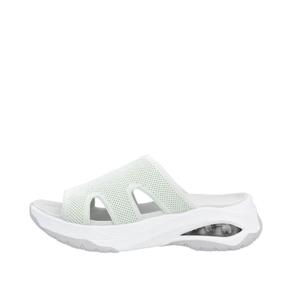 Rieker W3150-52 women's green vegan slip-on mule sandals with cushioned sole and air cushion heel.