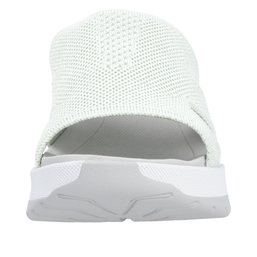 Rieker W3150-52 women's green textile vegan slip-on mule sandals with white sole.