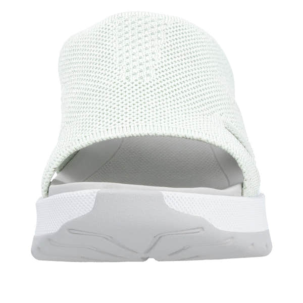 Rieker W3150-52 women's green textile vegan slip-on mule sandals with white sole.