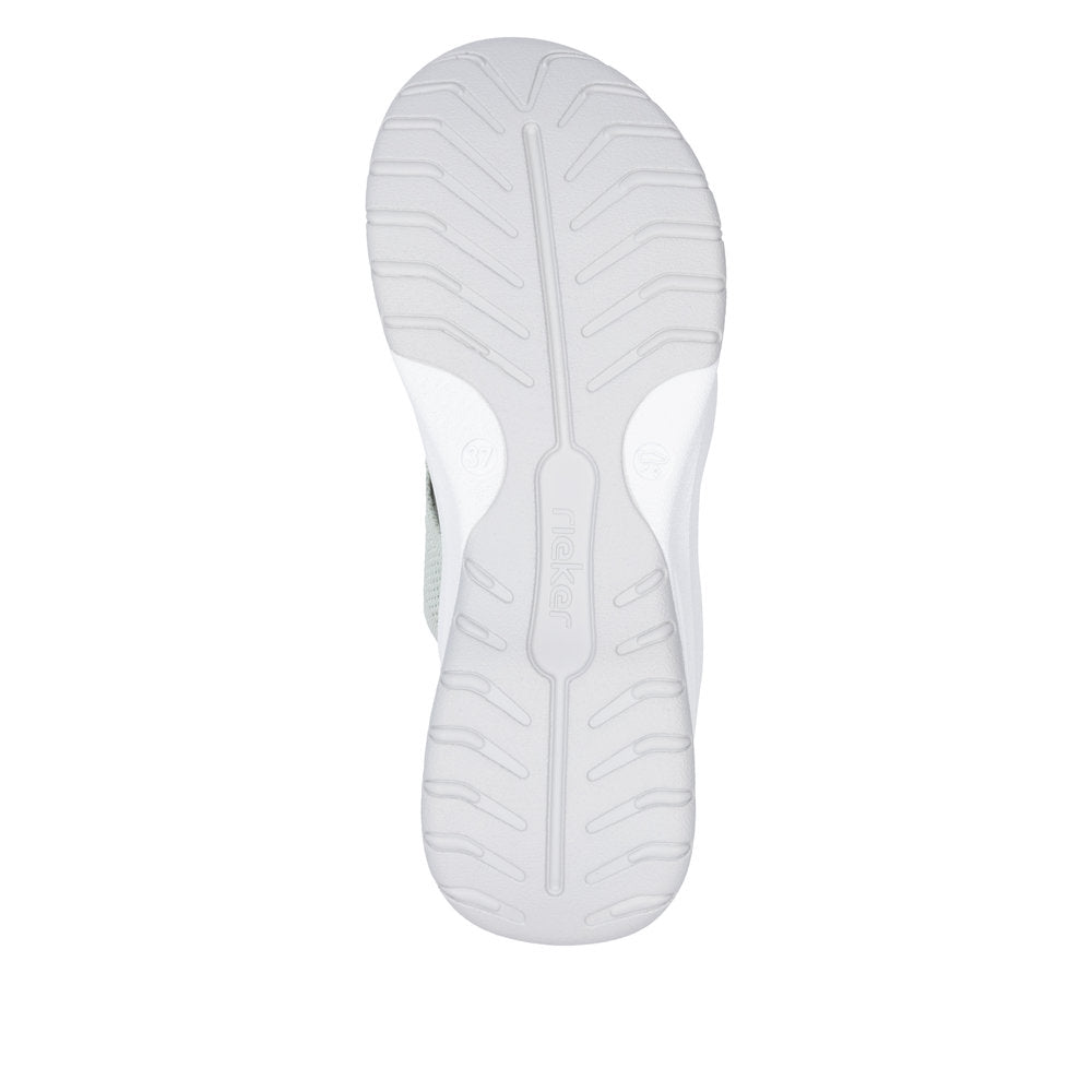 Rieker W3150-52 women's green textile vegan slip-on mules with white rubber sole and tread pattern.