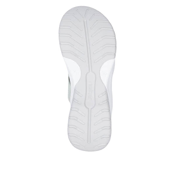 Rieker W3150-52 women's green textile vegan slip-on mules with white rubber sole and tread pattern.