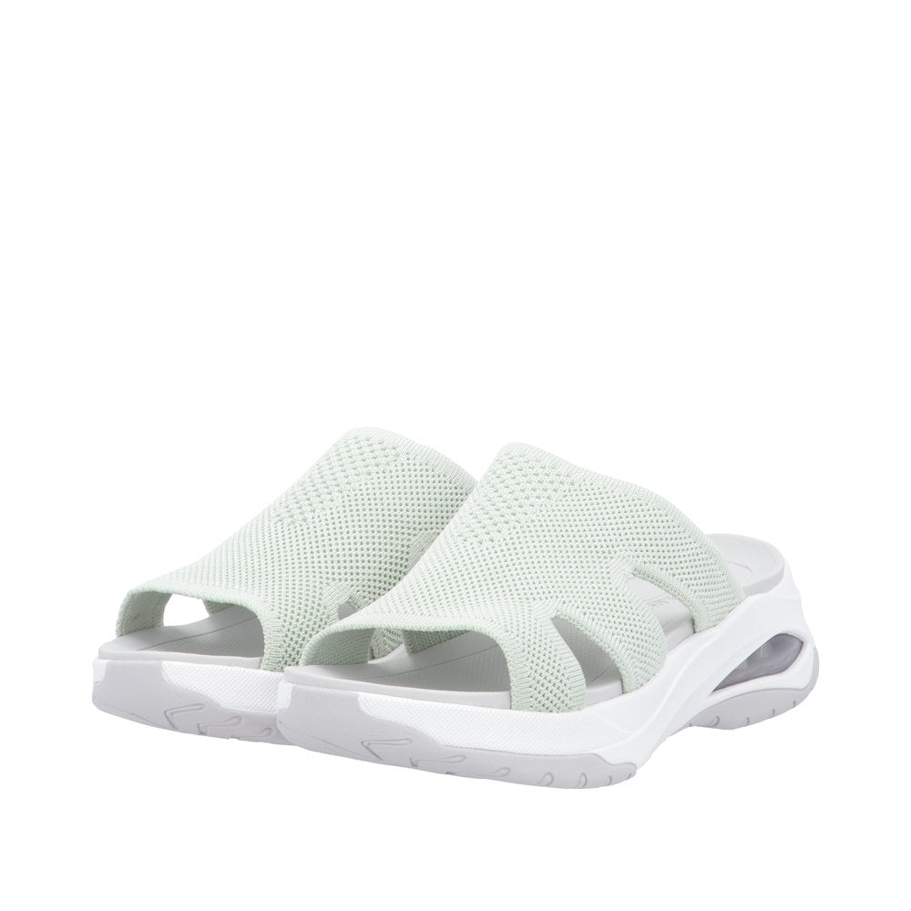 Rieker W3150-52 women's green vegan slip-on mule sandals with breathable textile upper and cushioned sole.