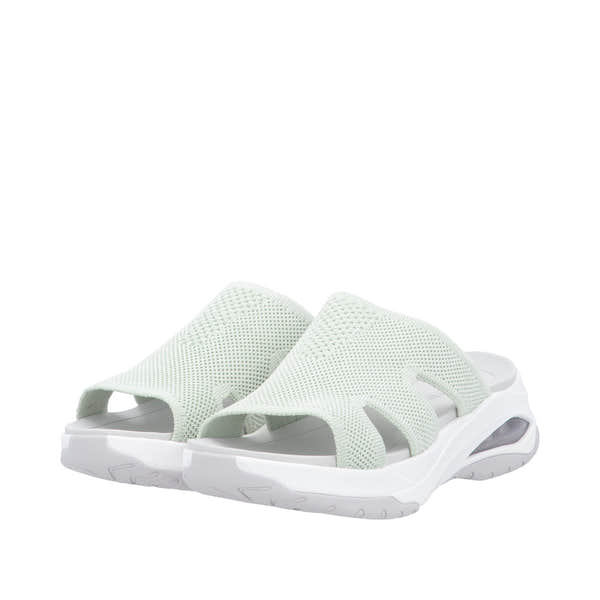 Rieker W3150-52 women's green vegan slip-on mule sandals with breathable textile upper and cushioned sole.