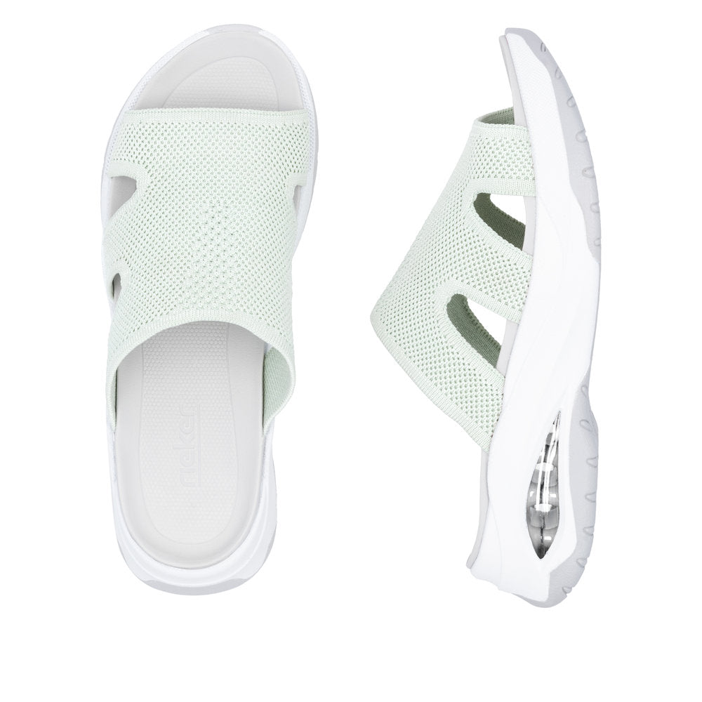 Rieker W3150-52 women's green vegan slip-on mules with breathable mesh upper and sporty white sole.