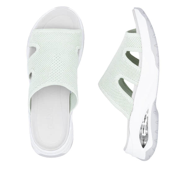 Rieker W3150-52 women's green vegan slip-on mules with breathable mesh upper and sporty white sole.