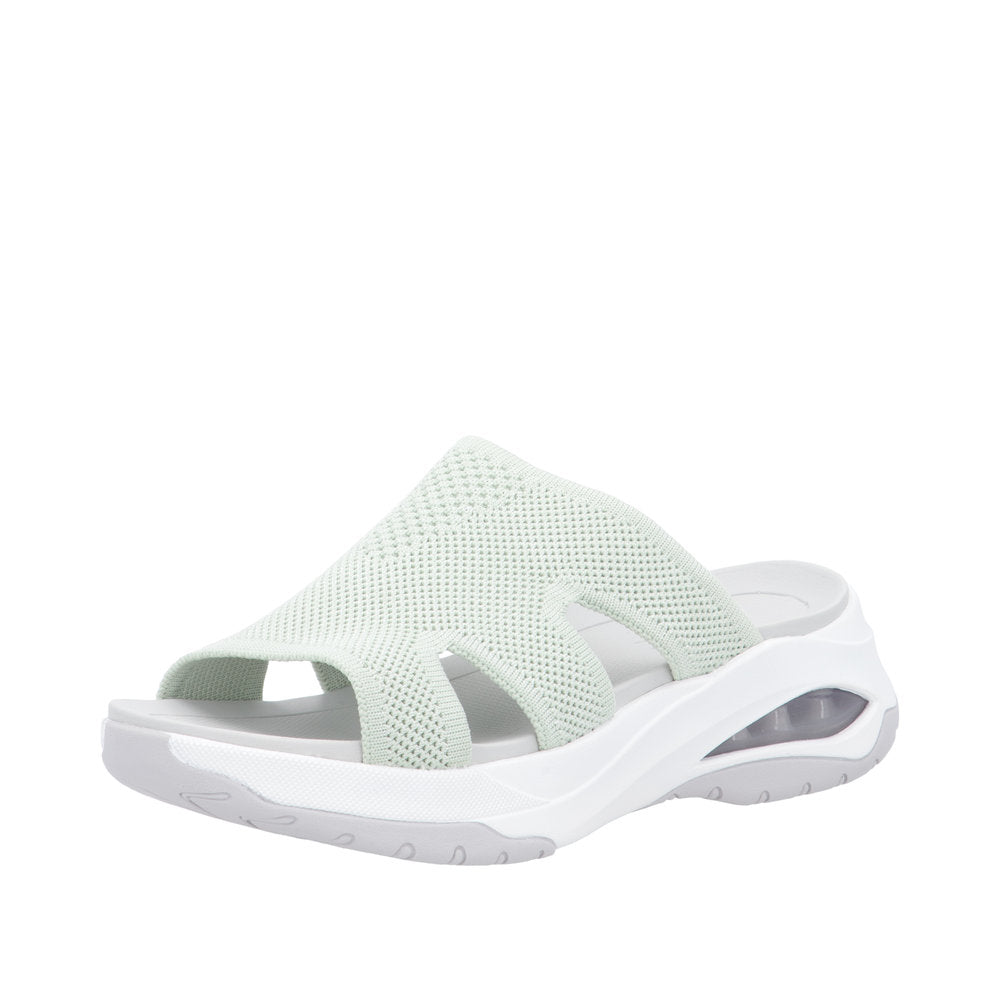 Rieker W3150-52 women's green textile vegan slip-on mule sandals with cushioned sole and breathable upper.