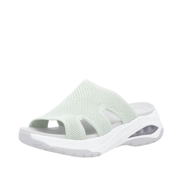 Rieker W3150-52 women's green textile vegan slip-on mule sandals with cushioned sole and breathable upper.