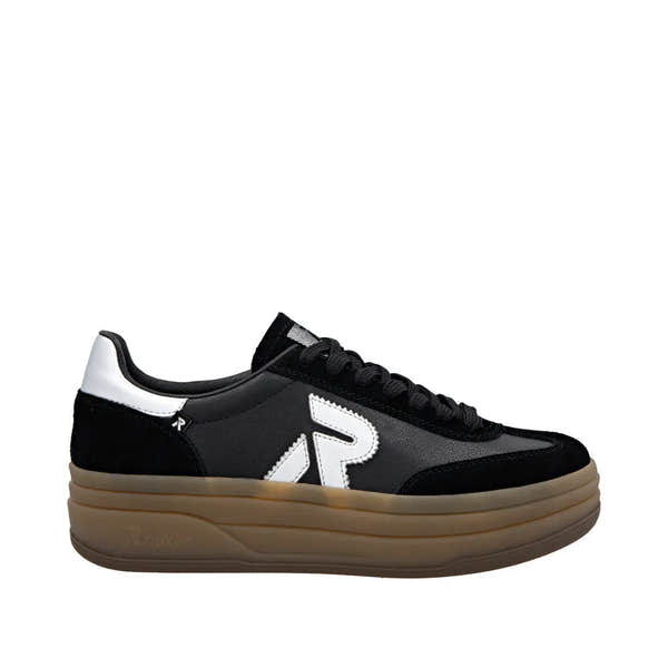 Rieker W3700-00 women's black leather lace-up trainers with chunky tan rubber sole. Stylish, comfortable casual sneakers.