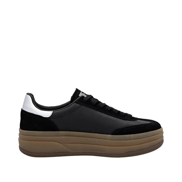Rieker W3700-00 Ladies black leather lace-up trainers with chunky beige sole, stylish casual footwear for women.