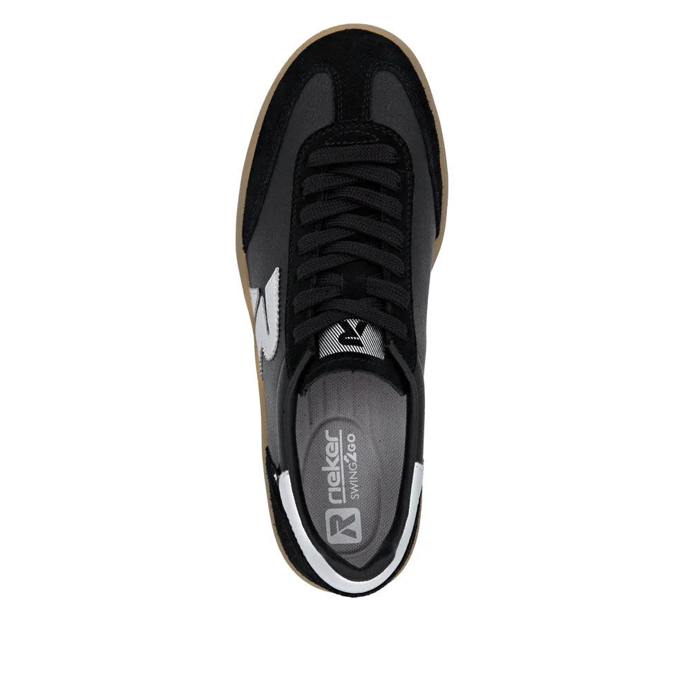 Rieker W3700-00 women's black leather lace-up trainers with white accents and rubber sole.