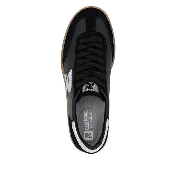 Rieker W3700-00 women's black leather lace-up trainers with white accents and rubber sole.