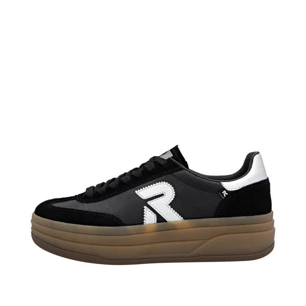 Rieker W3700-00 women's black leather lace-up trainers with a chunky brown sole and white logo detail.