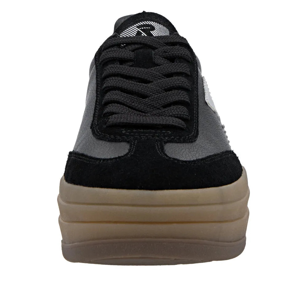 Rieker W3700-00 women's black leather lace-up trainers with thick beige rubber sole, casual and stylish footwear.