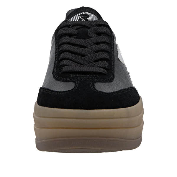 Rieker W3700-00 women's black leather lace-up trainers with thick beige rubber sole, casual and stylish footwear.