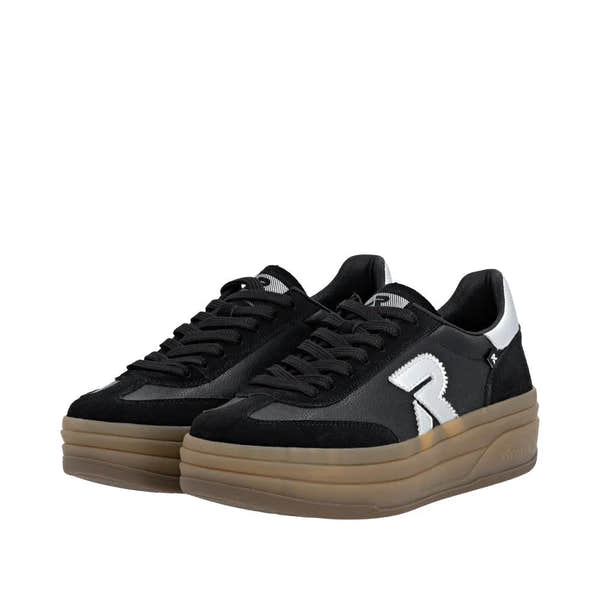 Rieker W3700-00 women's black leather lace-up trainers with chunky beige sole and white logo detail.