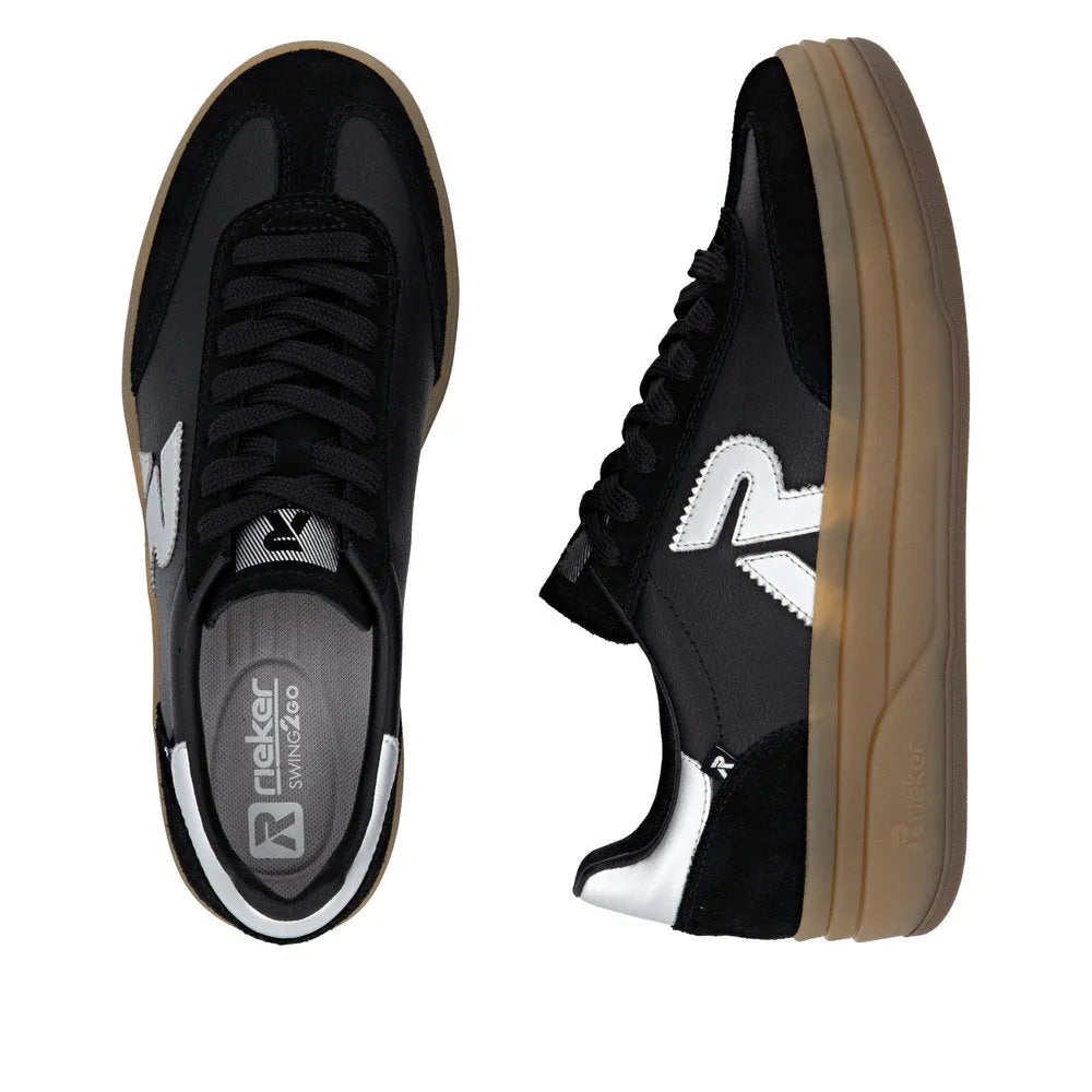 Rieker W3700-00 women's black leather lace-up sneakers with gum sole, stylish casual trainer.
