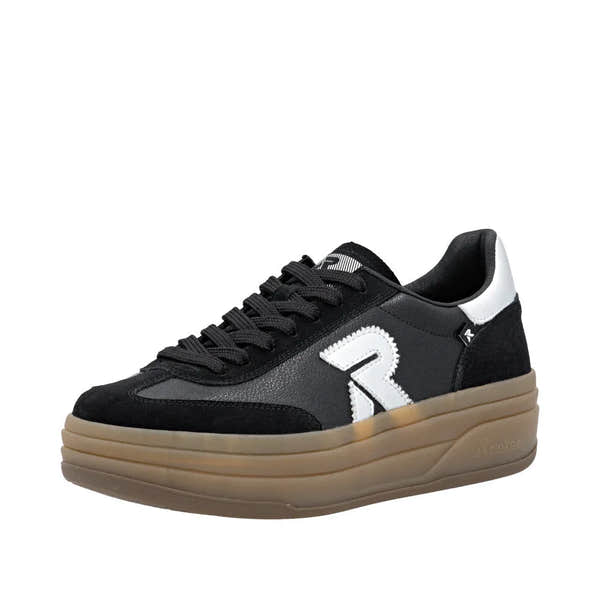 Rieker W3700-00 women's black leather lace-up trainers with beige cushioned sole and white logo detail.