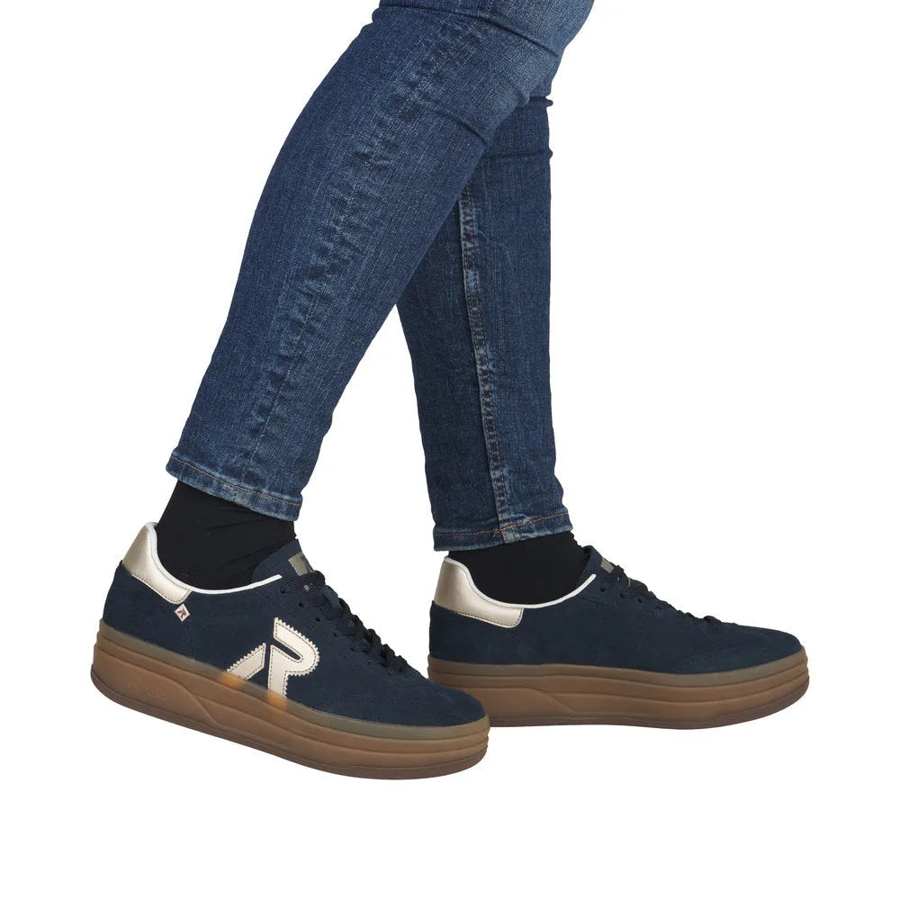 Rieker W3700-14 ladies blue suede lace-up trainers with tan rubber sole, stylish casual footwear, comfort fit.