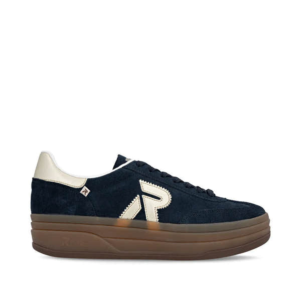 Rieker W3700-14 women’s blue suede lace-up trainers with tan wedge sole and white accents.