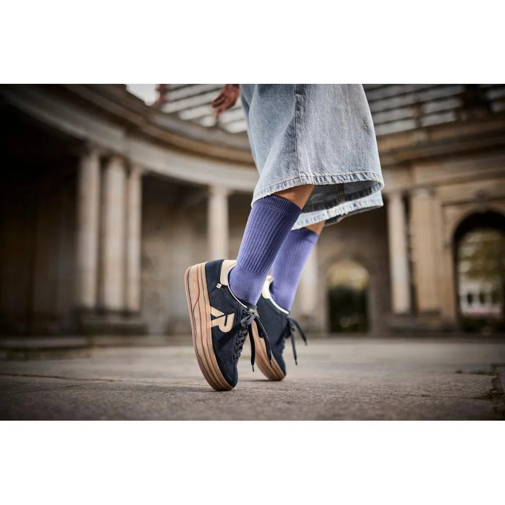 Rieker W3700-14 women's blue suede lace-up trainers with chunky sole, stylish casual footwear for women.