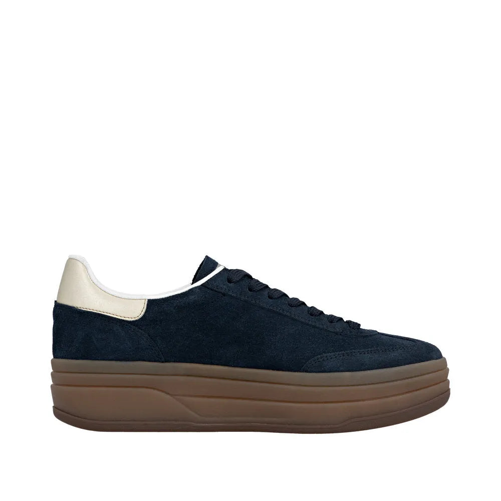 Rieker W3700-14 women's blue suede lace-up trainers with thick brown sole and beige heel accent.