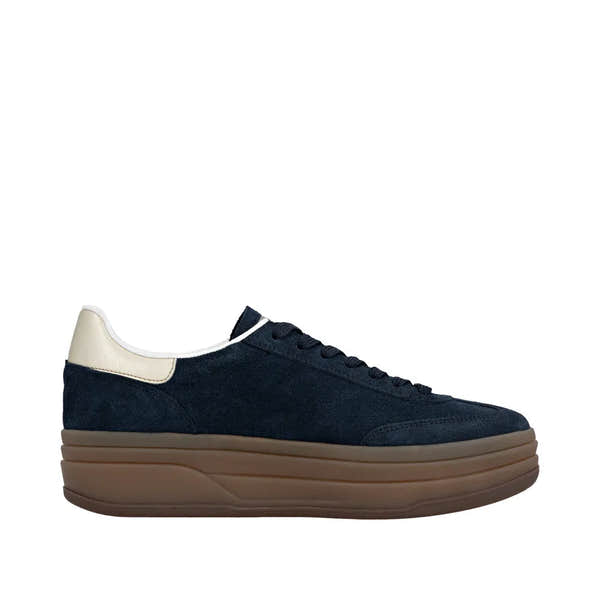 Rieker W3700-14 women's blue suede lace-up trainers with thick brown sole and beige heel accent.