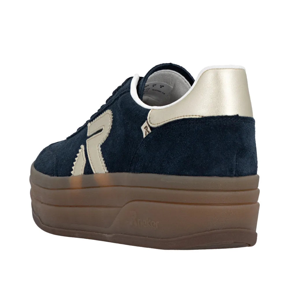 Rieker W3700-14 ladies blue suede lace-up trainers with beige accents and chunky platform sole.