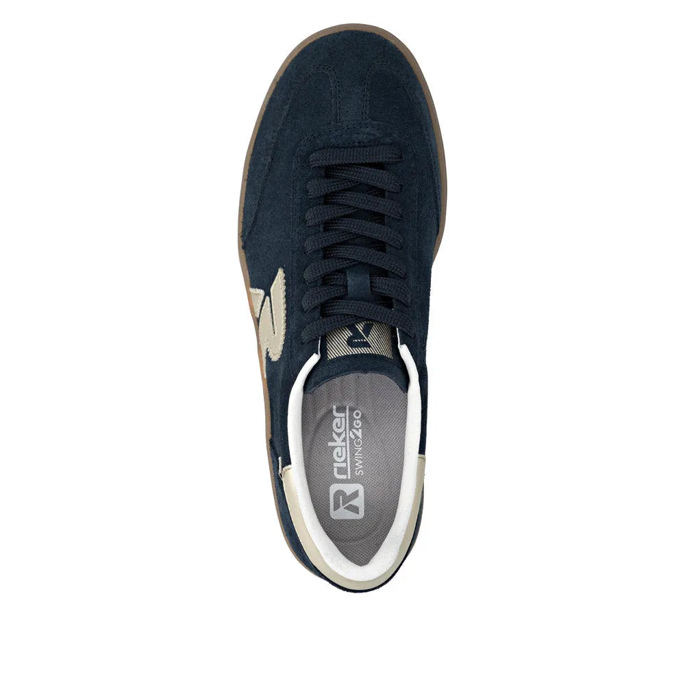 Rieker W3700-14 women's blue suede lace-up trainers with side logo detail and cushioned interior.