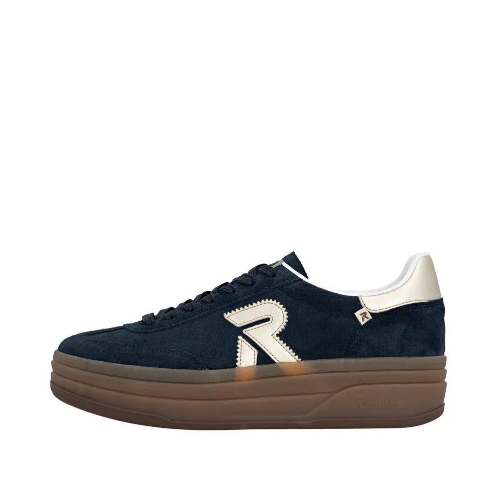 Rieker W3700-14 ladies' blue suede lace-up trainers with chunky brown sole and contrasting white heel, stylish casual footwear.