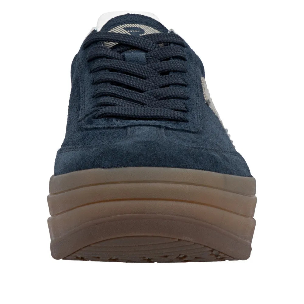 Rieker W3700-14 Ladies Blue Suede Lace-Up Trainers with cushioned sole and trendy design.