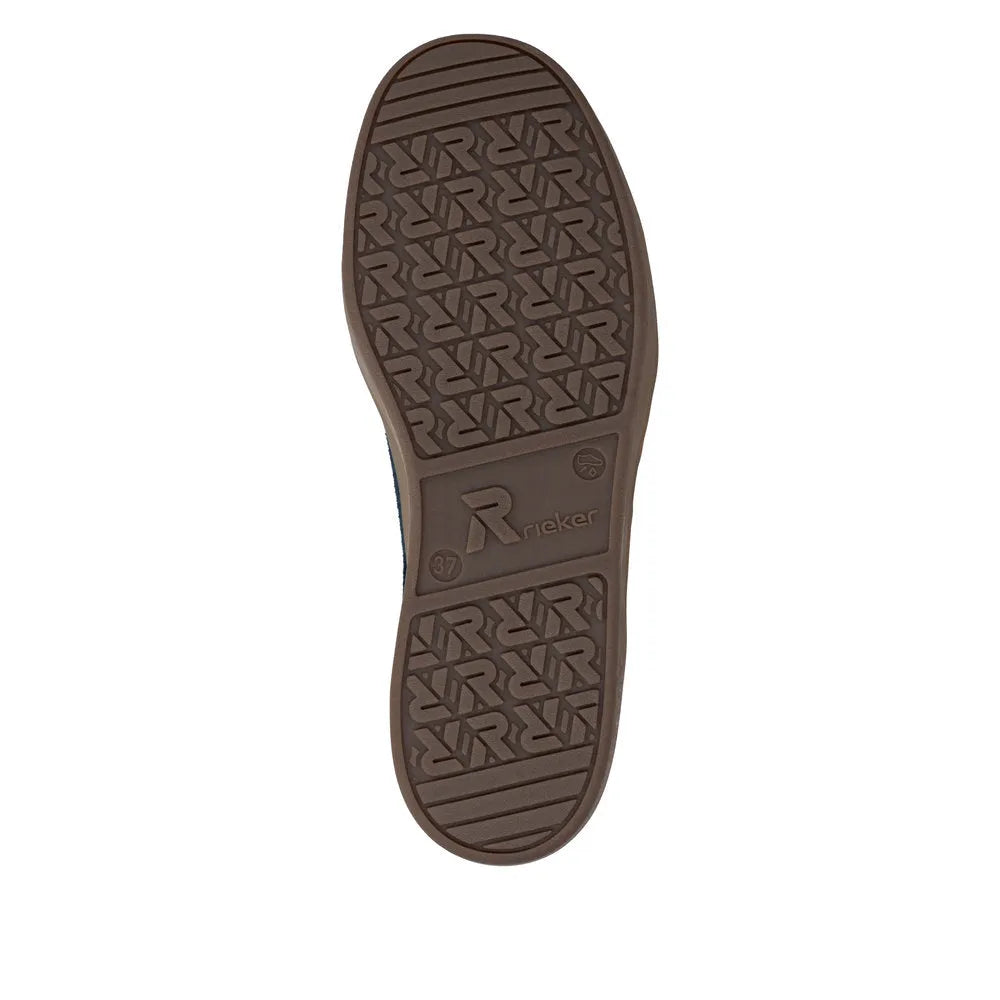 Rieker W3700-14 ladies blue suede lace-up trainers with non-slip rubber sole and textured tread design.