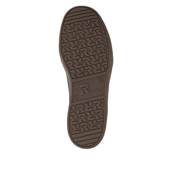 Rieker W3700-14 ladies blue suede lace-up trainers with non-slip rubber sole and textured tread design.