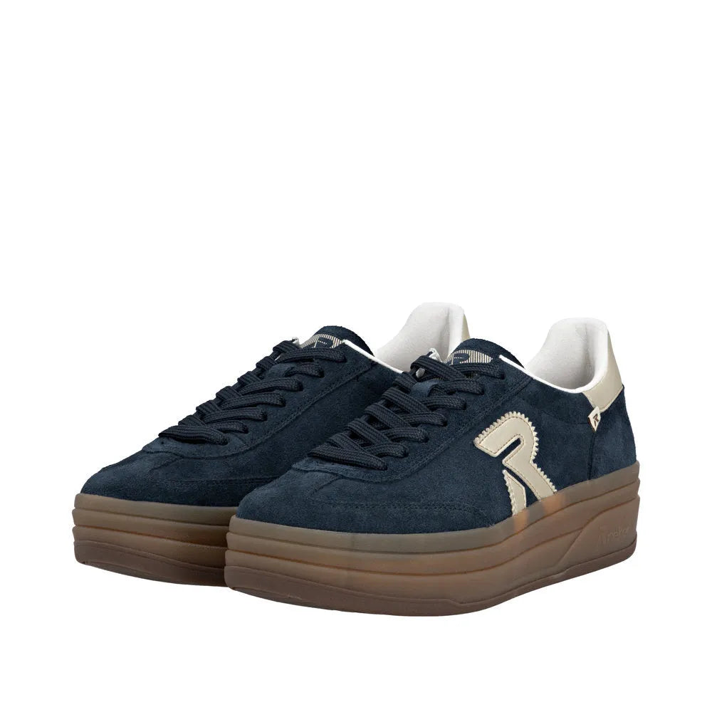 Rieker W3700-14 Ladies Blue Suede Lace-Up Trainers with Thick Brown Platform Sole.