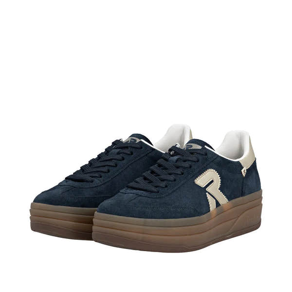 Rieker W3700-14 Ladies Blue Suede Lace-Up Trainers with Thick Brown Platform Sole.