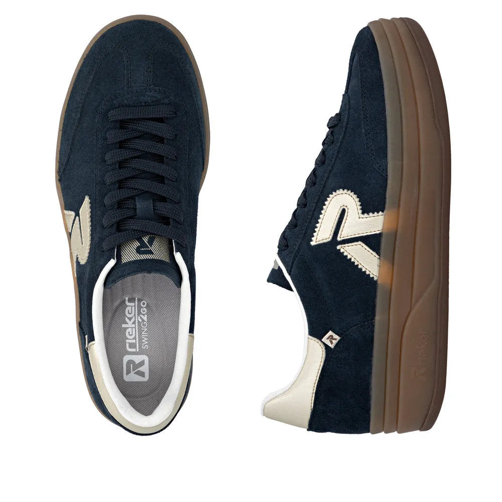 Rieker W3700-14 women’s blue suede lace-up trainers with brown rubber soles and side logo detail.