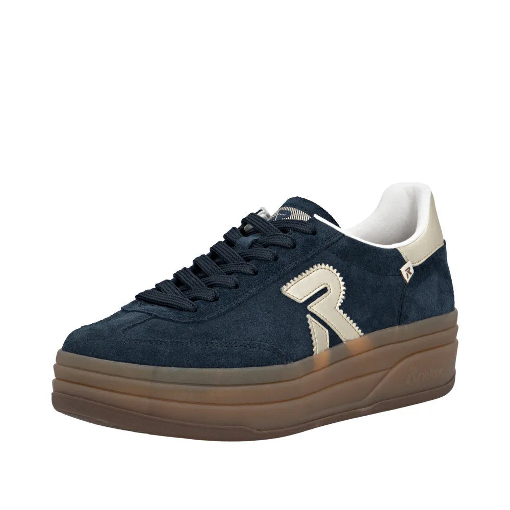 Rieker W3700-14 women's blue suede lace-up trainers with chunky brown sole and beige accents.