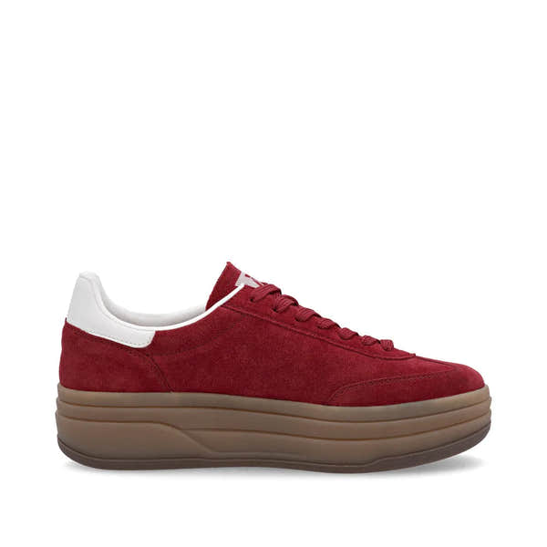 Rieker W3700-35 women's red suede lace-up trainers with a chunky brown sole and white accent heel.