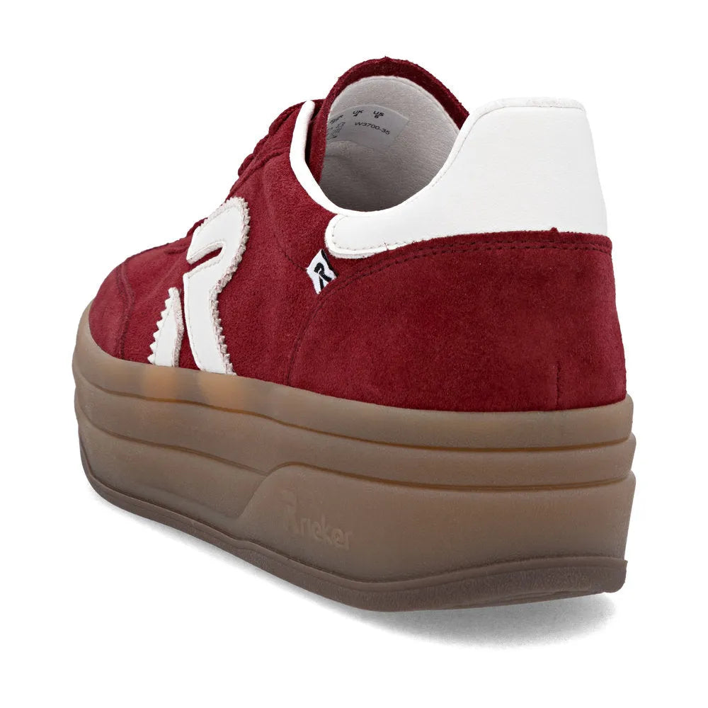 Rieker W3700-35 ladies red suede lace-up trainers with chunky sole, contrasting white heel detail, and stylish sporty design.