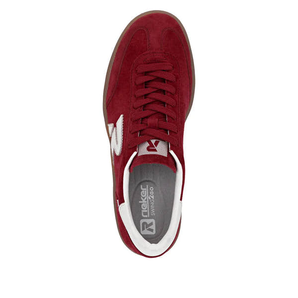 Rieker W3700-35 women's red suede lace-up trainers with white logo accents and rubber sole.