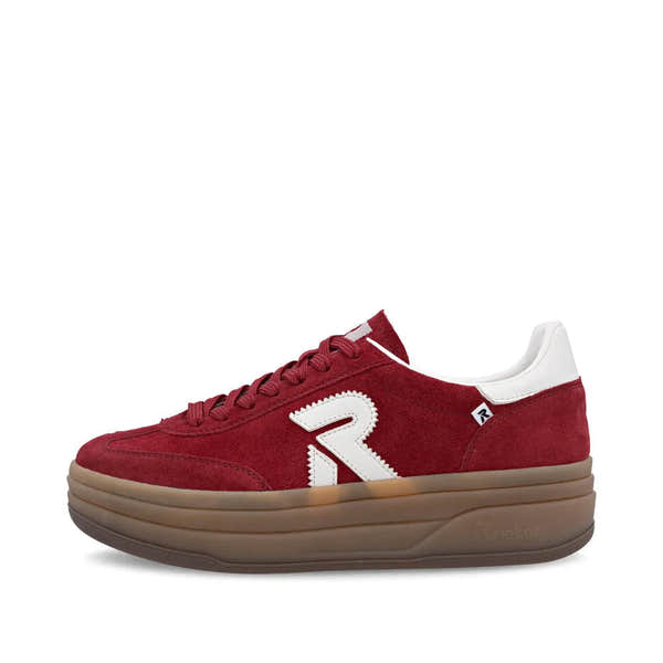 Rieker W3700-35 women's red suede lace-up trainers with thick brown sole and white accents.