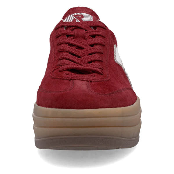 Rieker W3700-35 women's red suede lace-up trainers with chunky beige sole.