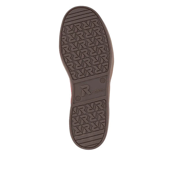 Rieker W3700-35 women's red suede lace-up trainers with rubber outsole and textured tread pattern.